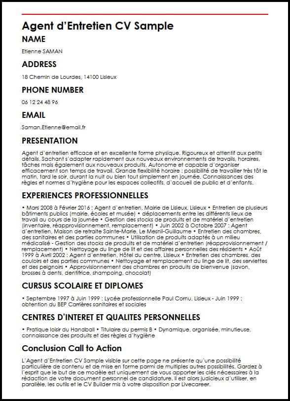 Modele de CV Agent d Entretien  MonCVparfait