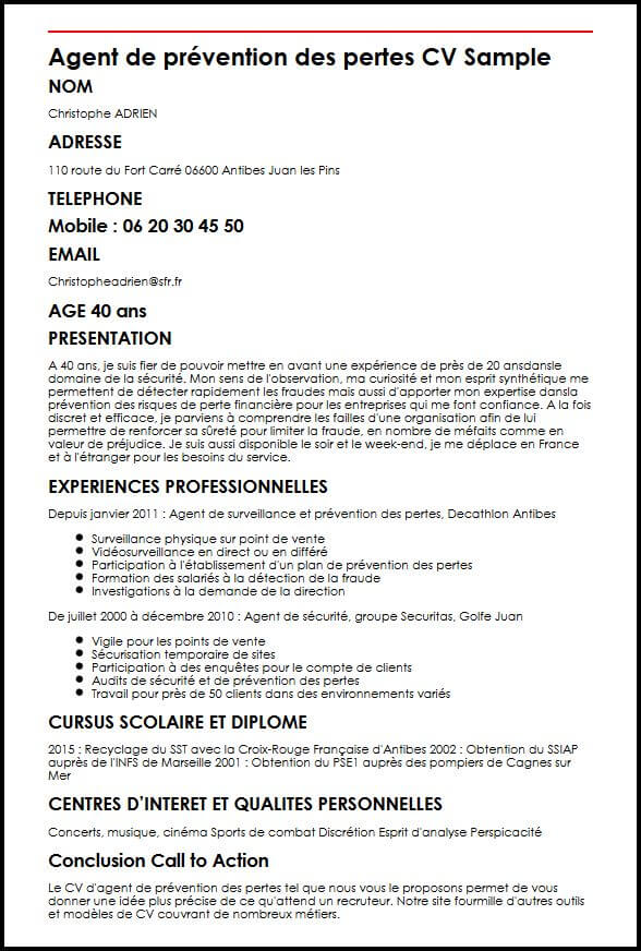 Exemple et modèle de CV d'agent de prévention des pertes