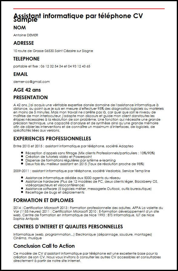 Exemple et modèle de CV d'assistant informatique par téléphone