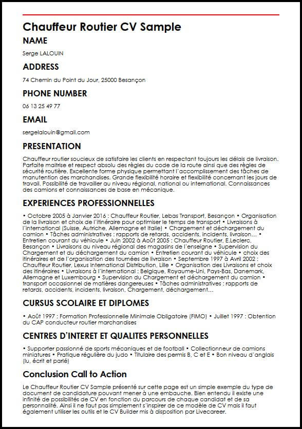 Exemple et modèle de CV de chauffeur routier