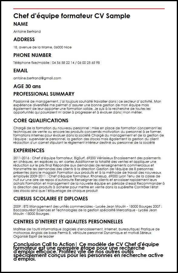 Modele de CV Chef d'equipe formateur  MonCVparfait