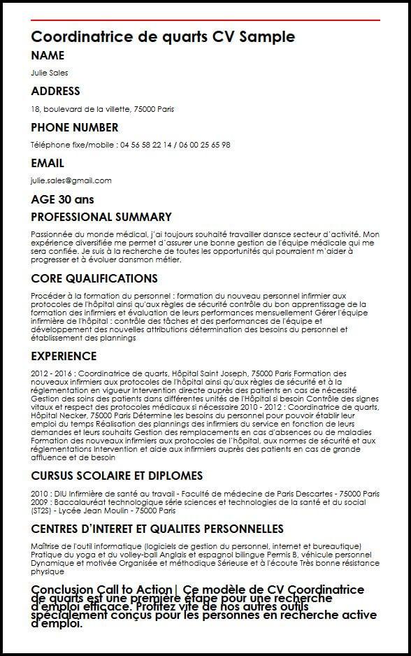 Modele de CV Coordinatrice de quarts  MonCVparfait