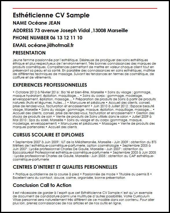 Exemple et modèle de CV d'esthéticienne