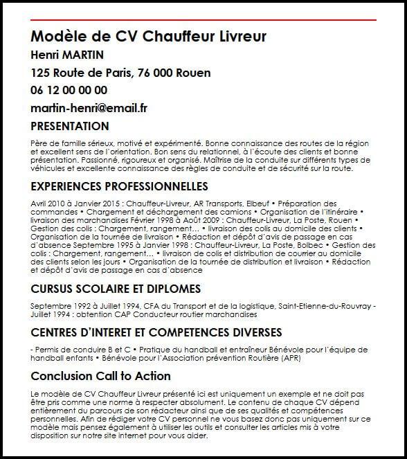 Exemple et modèle de CV de chauffeur livreur