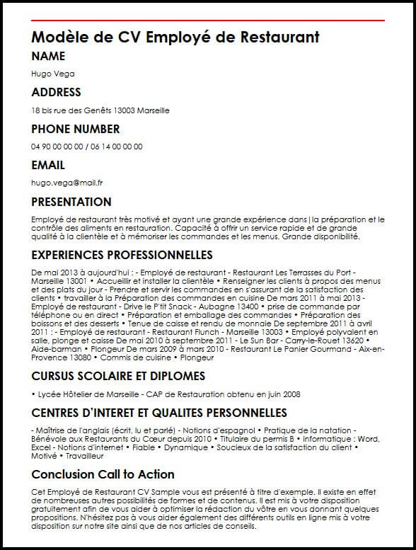 Exemple et modèle de CV d'employé de restaurant