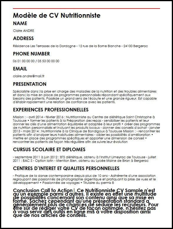Modele de CV Modele de CV Nutritionniste  MonCVparfait