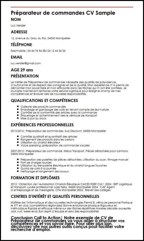 Modele de CV Preparateur de Commandes  MonCVparfait