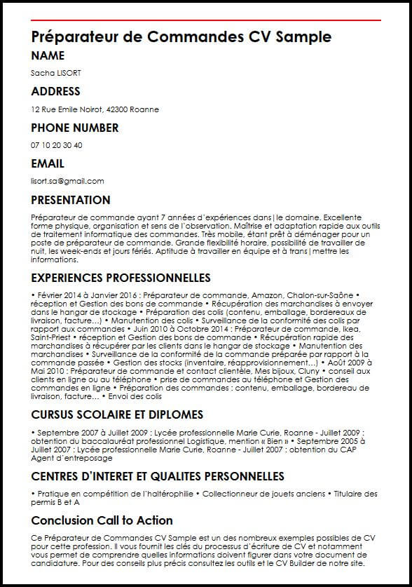 Modele de CV Preparateur de commandes  MonCVparfait