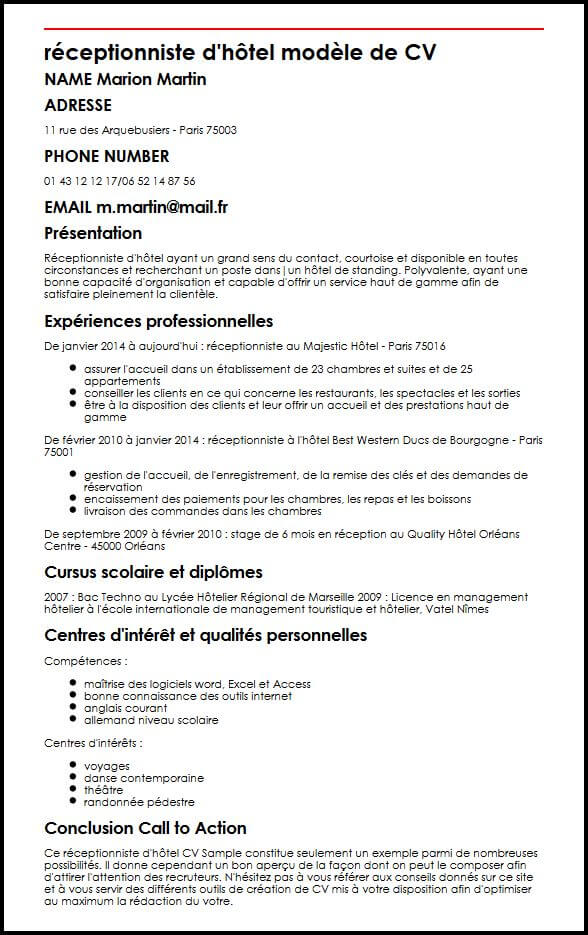 Exemple et modèle de CV de réceptionniste d'hôtel