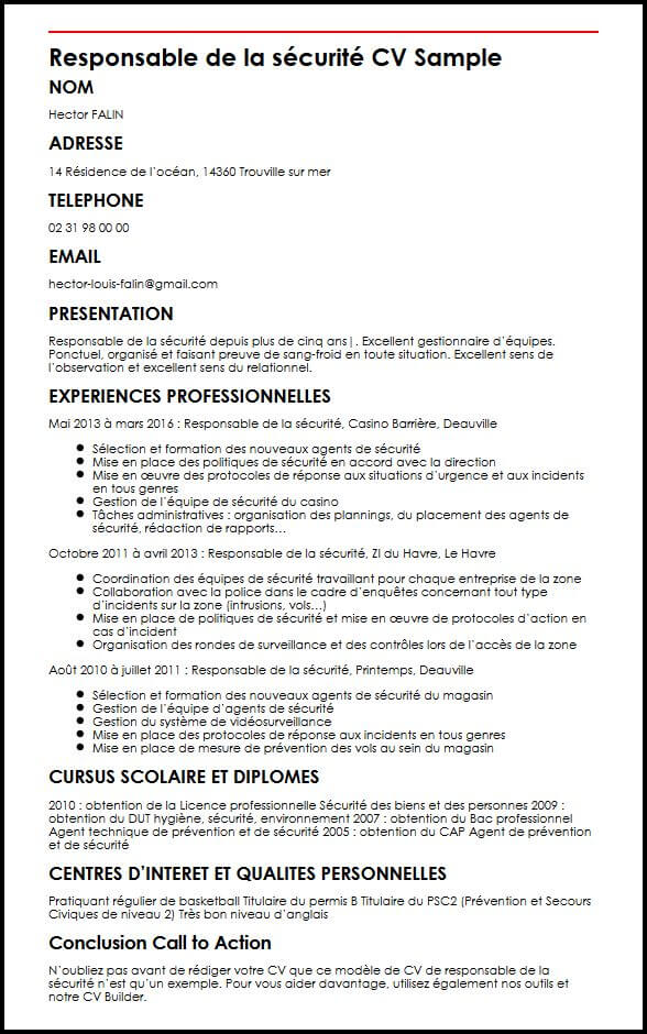 Modele de CV Responsable de la securite  MonCVparfait