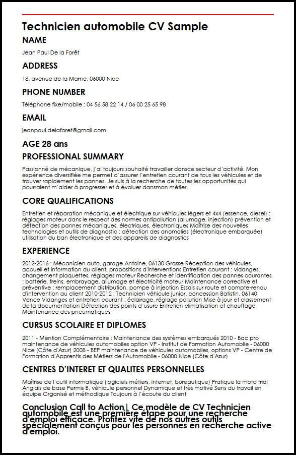Modele de CV Technicien automobile  MonCVparfait