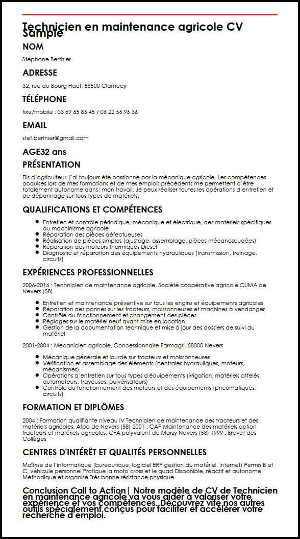 Modele de CV Technicien en maintenance agricole  MonCVparfait