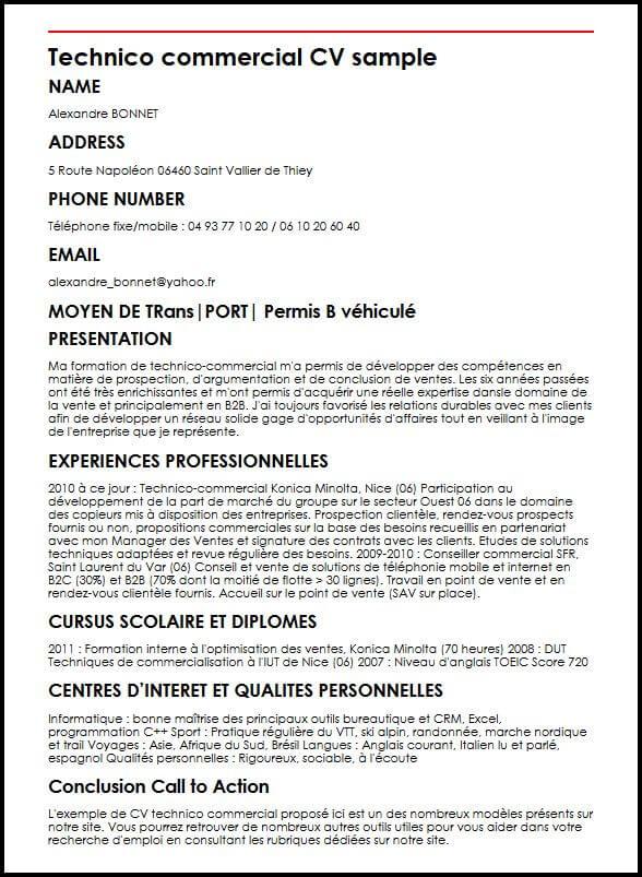 Modele de CV Technico commercial  MonCVparfait