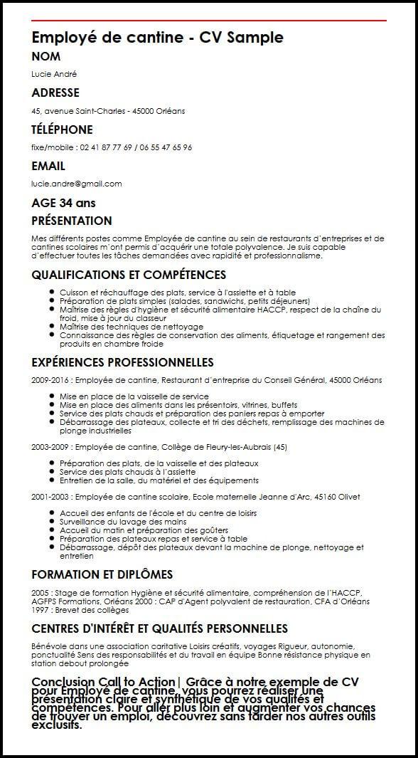 Exemple et modèle de CV d'employé de cantine Exemple et modèle de CV d'employé de cantine