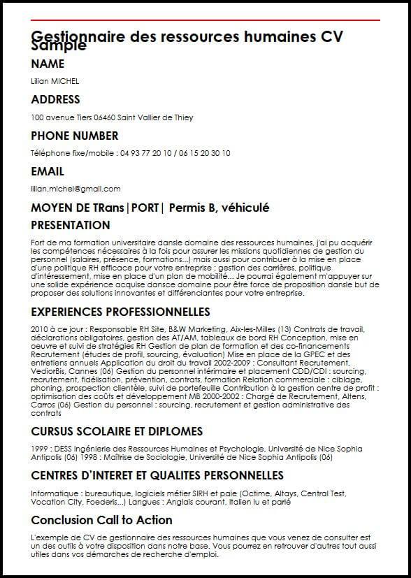 Exemple et modèle de CV de gestionnaire des ressources 