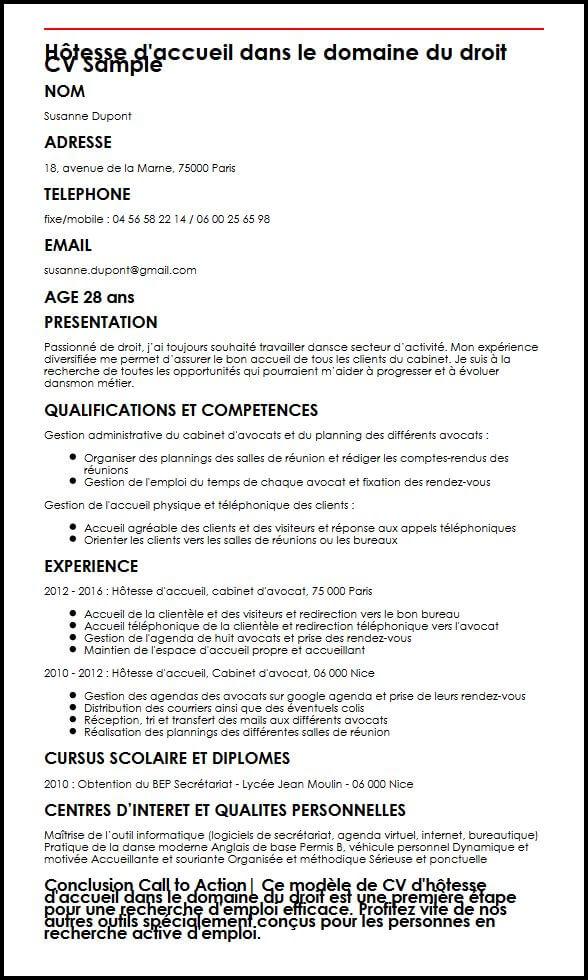 Exemple et modèle de CV d'hôtesse d'accueil dans le 