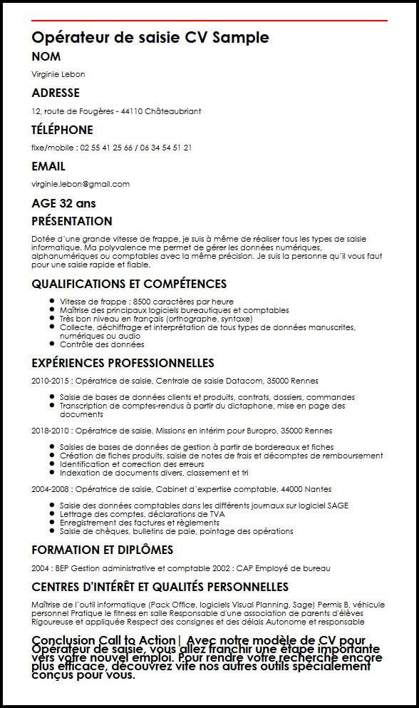 Exemple et modèle de CV d'opérateur de saisie