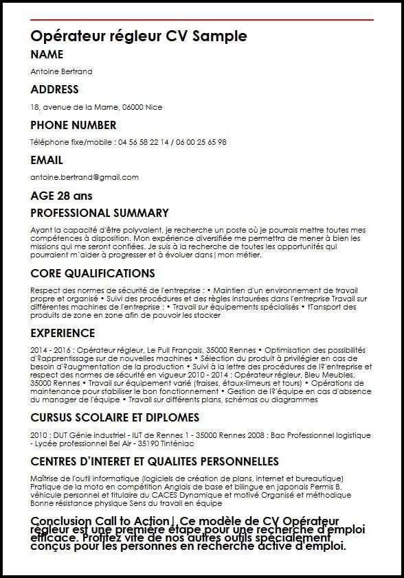 Modele de CV Operateur regleur  MonCVparfait