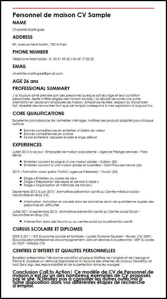 Exemple et modèle de CV de personnel de maison