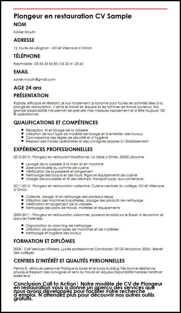 Modele de CV Plongeur en restauration  MonCVparfait