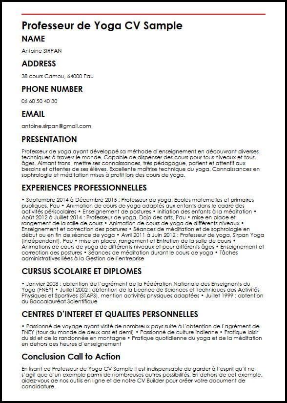 Exemple et modèle de CV de professeur de yoga