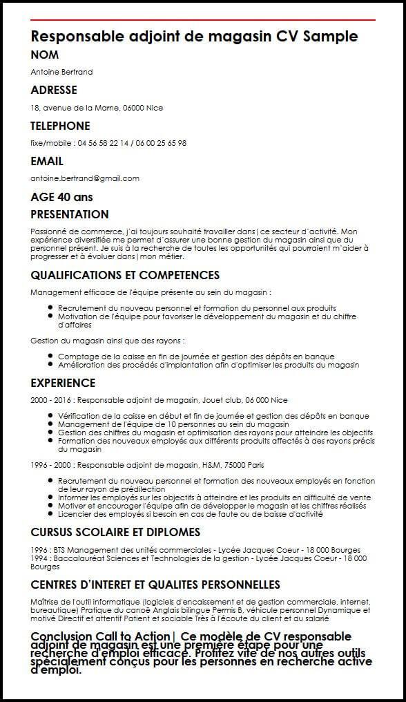 Exemple et modèle de CV de responsable adjoint de magasin