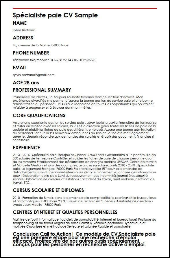 Exemple et modèle de CV de spécialiste paie