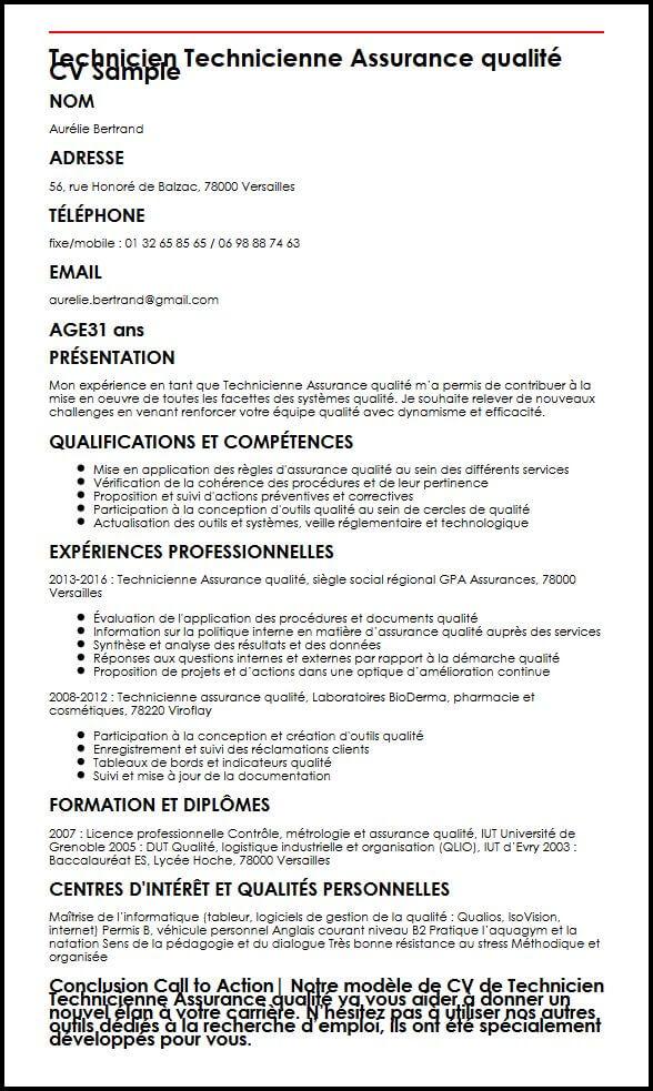 Modele de CV Technicien Technicienne Assurance qualite 