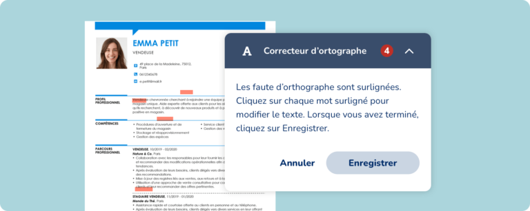 capture d’écran du correcteur orthographique du créateur de curriculum