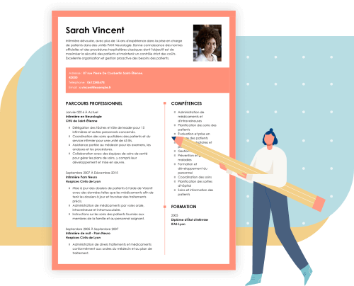 image représentant un CV avec un cadre rose devant lequel se tient une personne portant un immense crayon