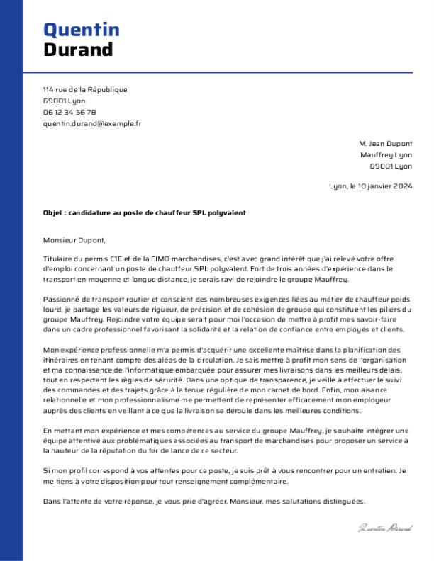 Lettre de motivation pour chauffeur poids lourd monCVParfait