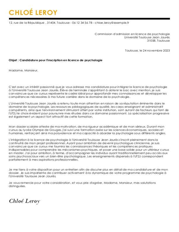 lettre de motivation licence psychologie