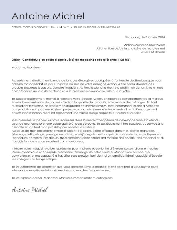 Exemple de lettre de motivation Action monCVParfait