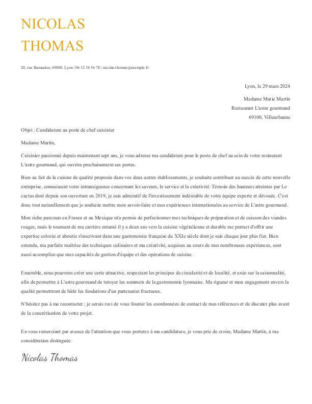 Lettre de motivation chef cuisinier guide et modèles — free download