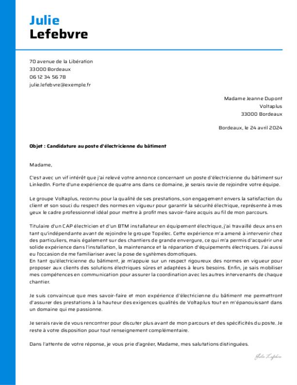 Lettre de motivation lectricien : modles et guide