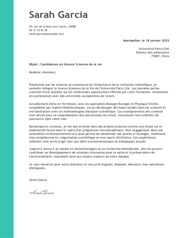 lettre de motivation licence sciences de la vie exemples — free download