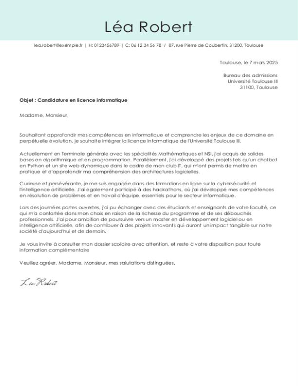 Lettre de motivation licence informatique exemples (2026) — free download