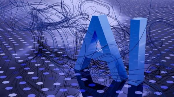 Lettres « AI » en trois dimensions sur fond bleu et noir