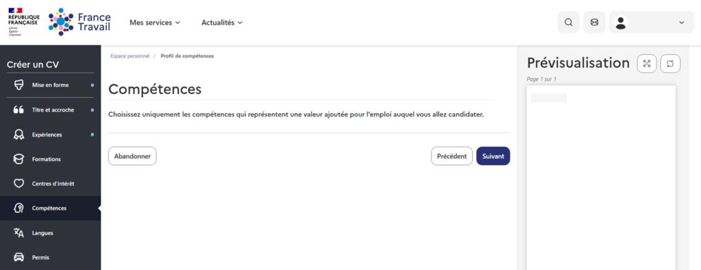 compétences sur un cv france travail