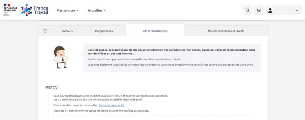 onglet mon cv sur france travail