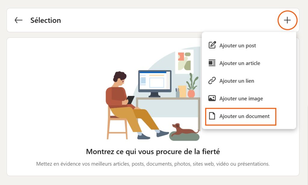 Capture d'écran montrant comment ajouter un CV à son profil LinkedIn