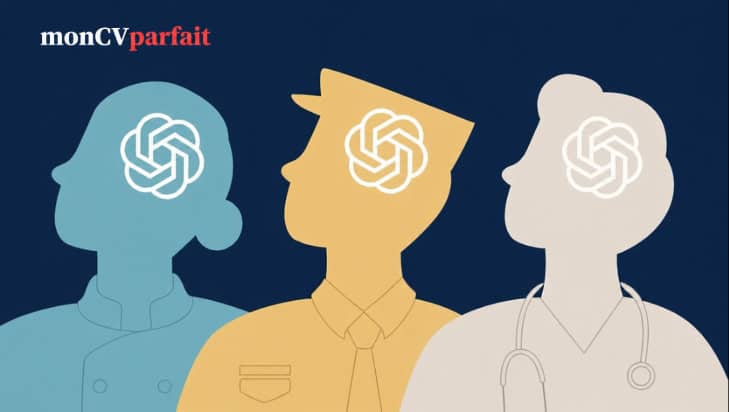 Trois silhouettes de professionnels, chacune avec un symbole d’IA dans la tête, illustrant l’influence de l’intelligence artificielle sur le recrutement et la gestion des effectifs.